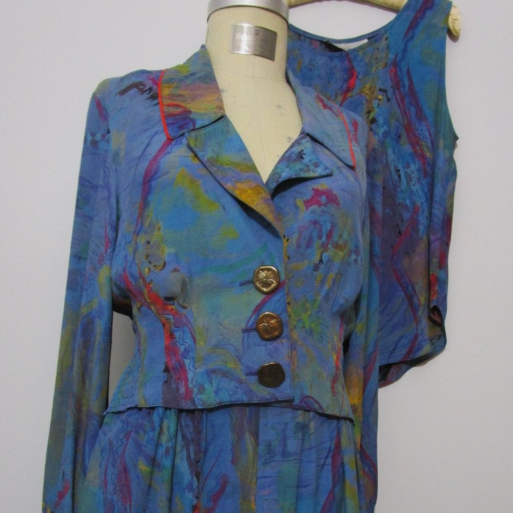 80s Rayon Cropped Jacket Tank Shorts Suit Abstract T